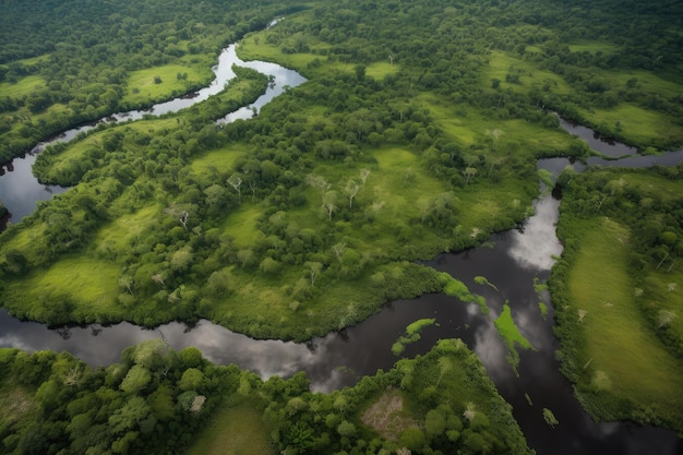 Vista aérea do Amazonas com um de seus afluentes visível e cercado por densa vegetação