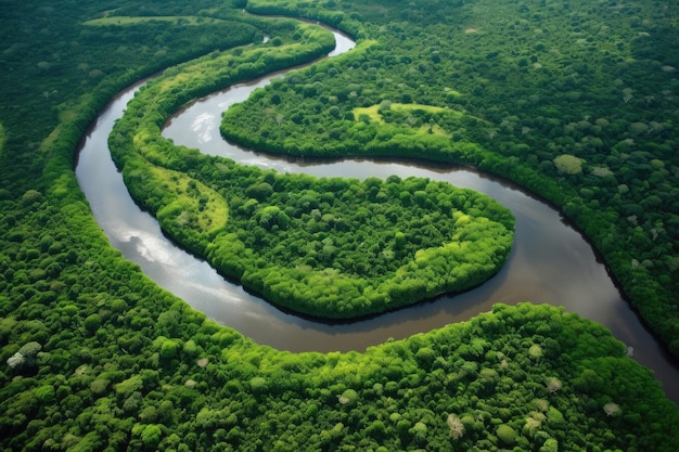 Vista aérea do Amazonas mostrando selva densa e rio sinuoso