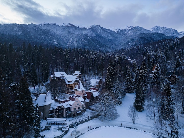 Vista aérea do antigo castelo no inverno Sinaia Romênia