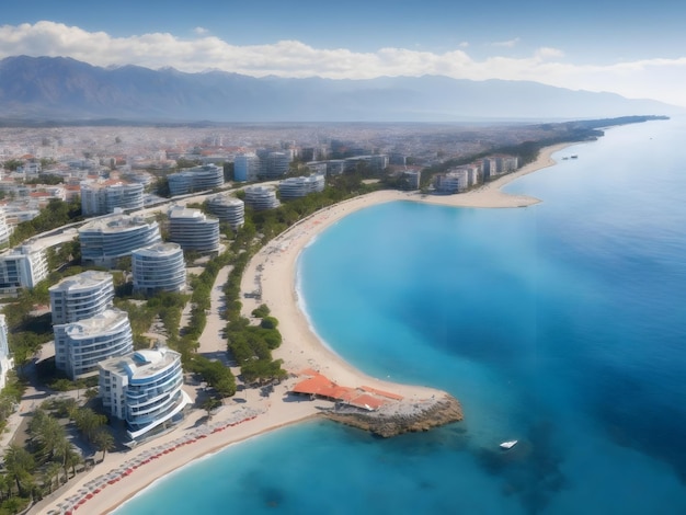 Vista aérea do belo golfo azul e da praia de Konyaalti na popular cidade turística Antalya Turquia