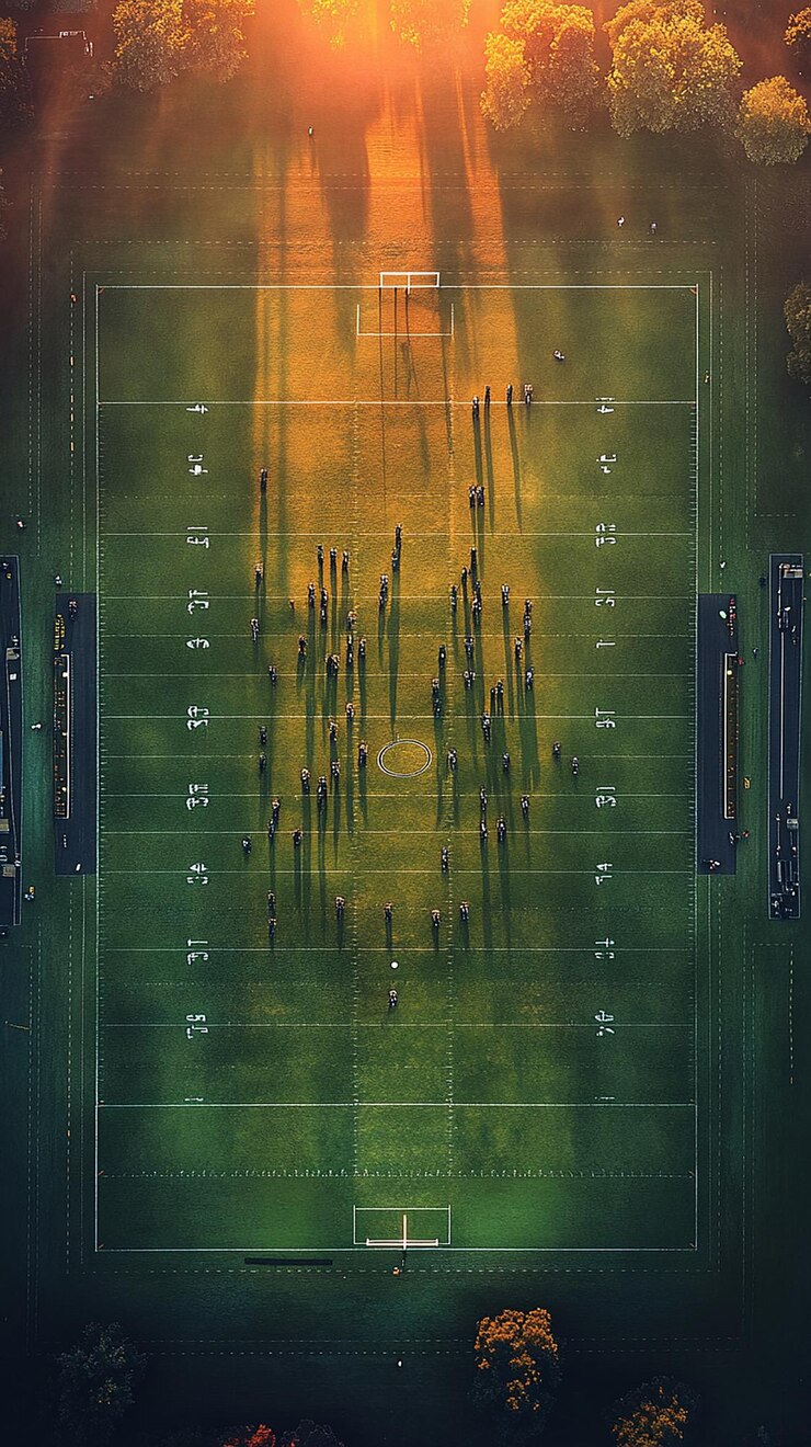 Foto vista aérea do campo de futebol durante o treino