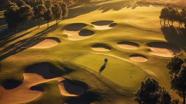 Vista aérea do campo de golfe com putting green campo de golf com um rico gramado verde paisagem bonita campo de golf Generative Ai