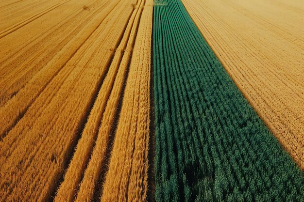 Foto vista aérea do campo de trigo com trilhas de trator na polônia