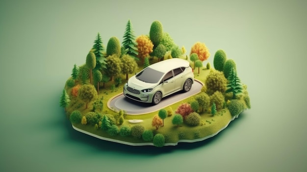 Vista aérea do carro elétrico e do veículo elétrico energia elétrica para o meio ambiente carro elétrico na estrada da floresta ecologia do ecossistema ambiente saudável Ai gerador