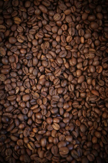 Vista aérea do cenário representando metades de grãos de café marrom-escuros Textura de grãos de café