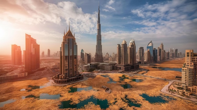 Vista aérea do centro de Dubai em um dia de outono nos Emirados Árabes Unidos