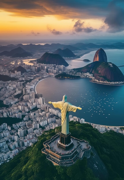 Vista aérea do cristo redentor e copacabana no rio de janeiro