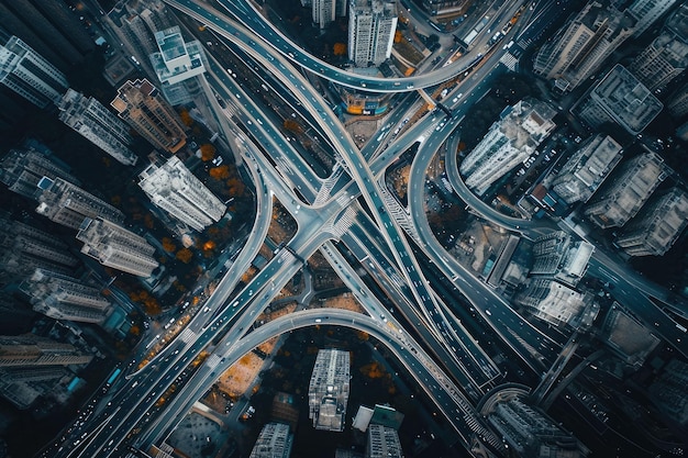 Vista aérea do cruzamento de uma cidade movimentada com veículos e pedestres Uma cidade como uma rede labiríntica de estradas a partir de uma vista aérea gerada por IA