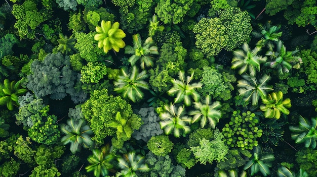 Vista aérea do dossel da floresta exuberante com várias coroas de árvores e tons de verde em Pristine