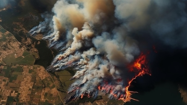 Foto vista aérea do espaço do desastre ecológico dos incêndios