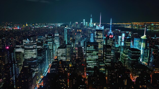 Foto vista aérea do horizonte da cidade de nova york à noite