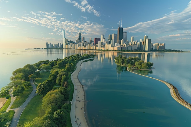 Vista aérea do horizonte de Chicago e do Lago Michigan