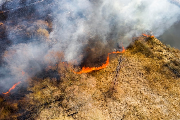 Foto vista aérea do incêndio no campo enormes nuvens de fumaça