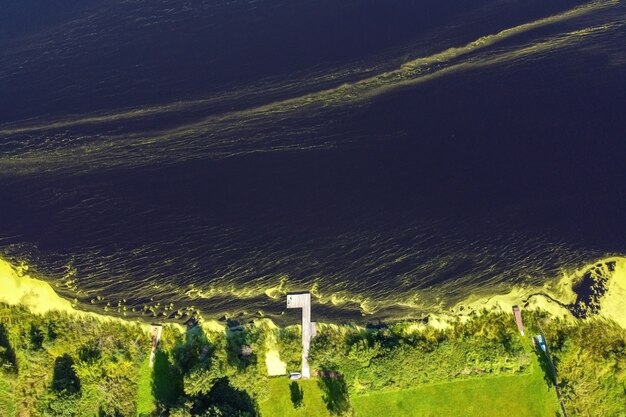 Vista aérea do lago com algas verdes