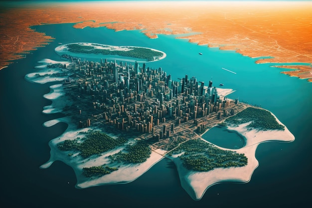 Vista aérea do lago de Chicago e do centro da cidade tirada durante o dia em Illinois, EUA, do ar Ideia de holograma de inteligência artificial AI em redes neurais de negócios aprendizado de máquina e robô