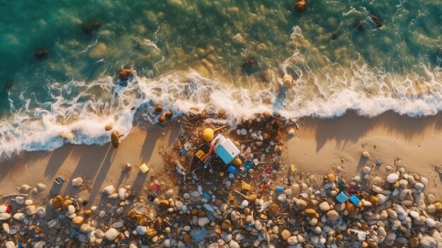 Vista aérea do lixo derramado na praia do oceano conceito de proteção ambiental Generetive AI