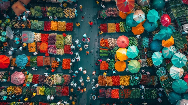 Vista aérea do movimentado Mercado dos Agricultores com coloridas barracas de frutas e legumes