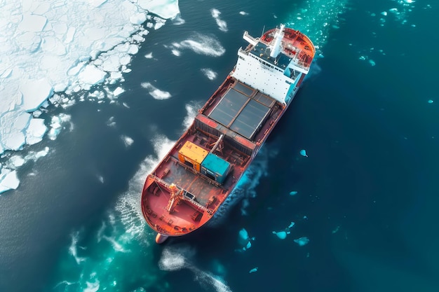 Vista aérea do navio quebra-gelo de carga grande carregado com contêineres navegando no oceano gelado Ilustração generativa de IA