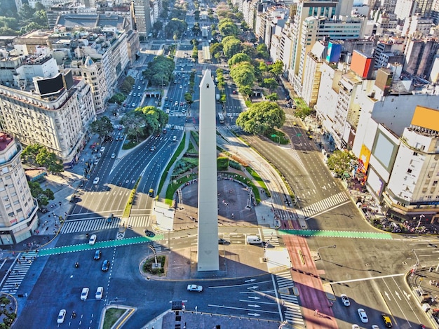 Vista aérea do obelisco de buenos aires de um drone