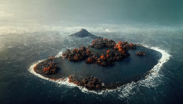 Vista aérea do pequeno arquipélago das ilhas do atol de erupção na ilustração 3D do oceano