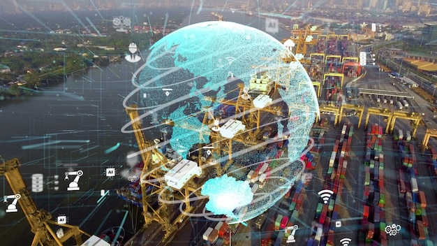 Vista aérea do porto de embarque com gráfico de modernização da tecnologia de rede