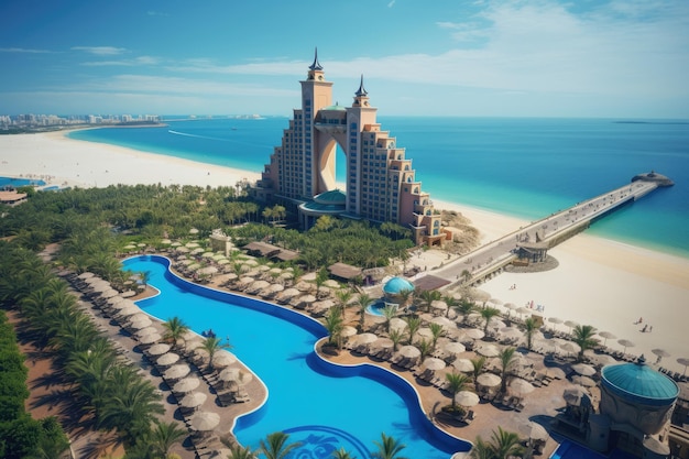 Vista aérea do resort hotel de luxo em Dubai Emirados Árabes Unidos Atlantis Hotel em Dubai Emirados Árabes Unidos vista com a praia e o mar AI gerado