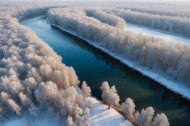 Vista aérea do rio florestal no dia de inverno