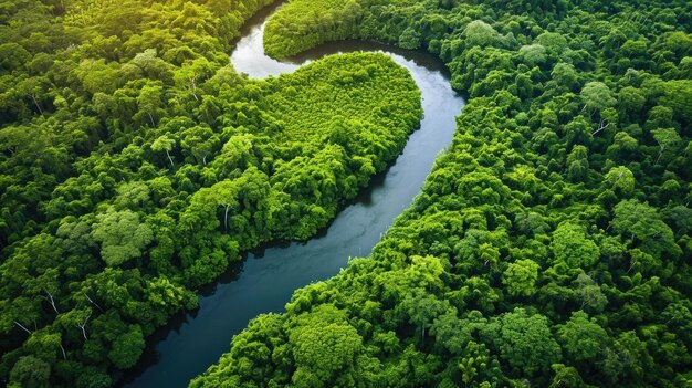 Foto vista aérea do rio meandrando através da floresta exuberante resplandecente