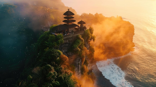 Vista aérea do Templo de Uluwatu ao nascer do sol em Bali, Indonésia Um idílio espiritual dos antigos balineses