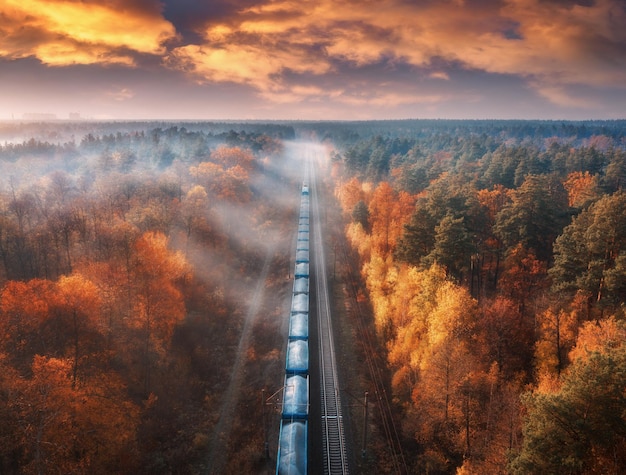 Foto vista aérea do trem de carga na bela floresta no nevoeiro ao pôr do sol no outono paisagem com trilha de árvores nebulosas e céu colorido com nuvens vista superior do trem em movimento no outono estação ferroviária