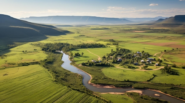 Vista aérea do Vale de Veldhoek, paisagens românticas de rios na África do Sul