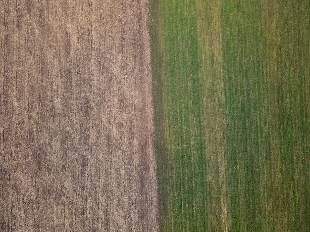 Vista aérea de dos campos agrícolas en el campo en un día de primavera