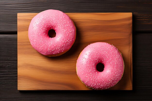 Vista aérea de dos rosquillas rosadas frescas en una tabla de cortar de madera