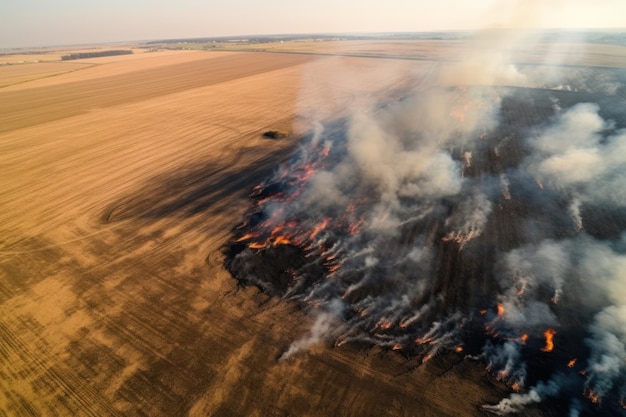 Vista aérea dramáticas llamas de incendios forestales de primavera en hierba seca en campos agrícolas riesgo ecológico