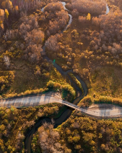 Vista aérea de drone del paisaje otoñal con río