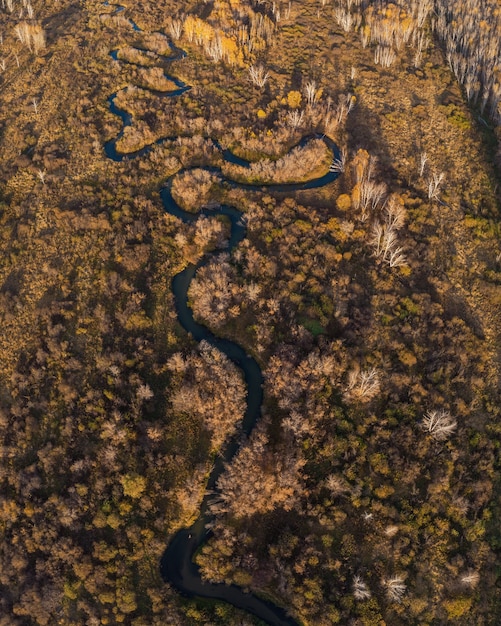 Vista aérea de drone del paisaje otoñal con río