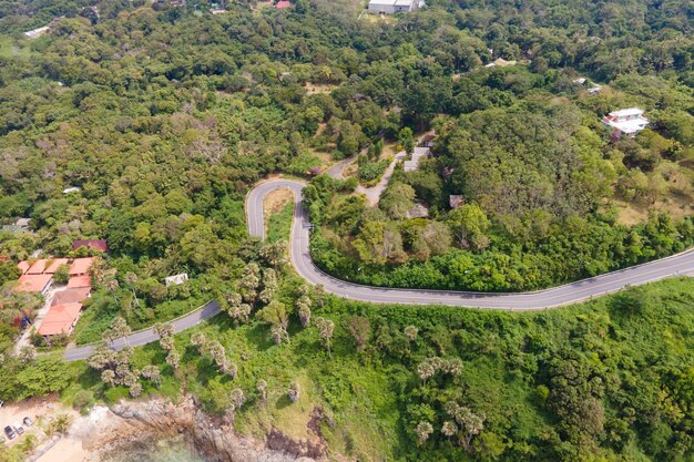 vista aérea de drone vista superior vista horizontal de la carretera y el árbol