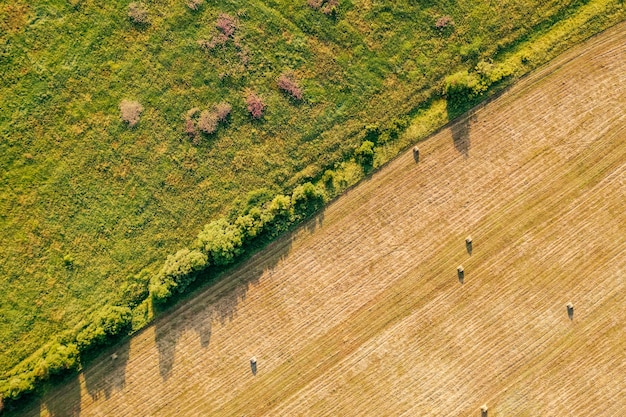 Vista aérea de drones de campos verdes y campos amarillos con heno embalado Paisaje rural de drones Ojo de pájaros Concepto de naturaleza sostenible y agricultura Vista superior del espacio de copia