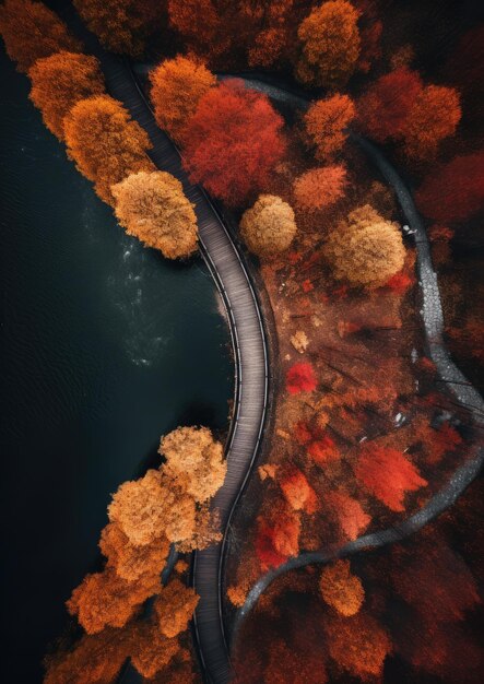 Vista aérea de drones desde el cielo hasta el lago de montaña en el bosque de otoño Ai generativo