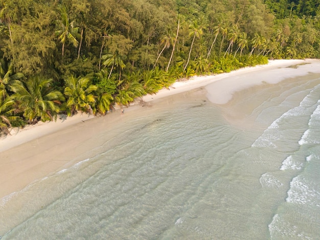 Vista aérea de drones de una hermosa playa con agua de mar turquesa y palmeras del golfo de Tailandia, isla de Kood, Tailandia