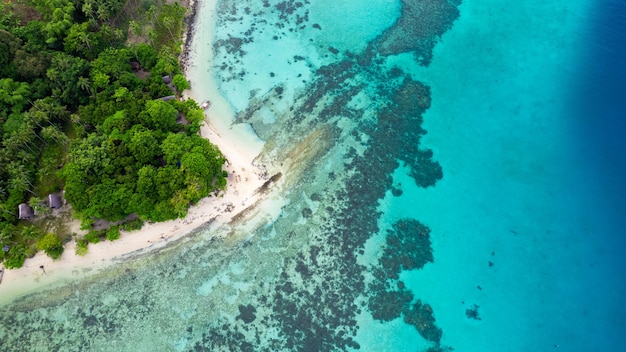 Vista aérea de drones de una isla tropical con algunas palmeras y casas de residentes en EL NIDO, Filipinas