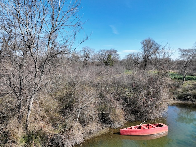 Vista aérea de drones de un pequeño bote rojo en el lago del bosque Longoz en temporada de invierno. Bosques de Karacabey Longoz. Karacabey, Bursa, Turquía