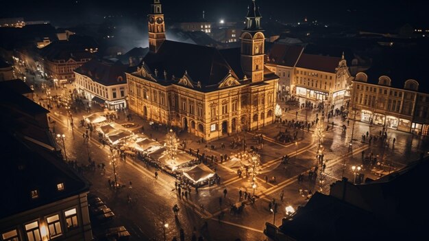 Vista aérea de drones de la plaza grande de Sibiu por la noche, el centro de la ciudad antigua de Rumania decorado Aigenerado