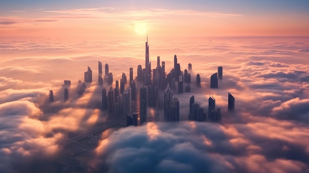 Vista aérea de Dubai, Emiratos Árabes Unidos, amanecer brumoso por la mañana, Ai generativo