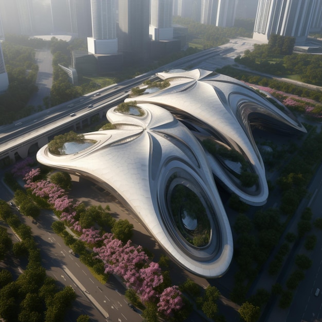 Vista aérea de un edificio futurista con un techo curvo y una pasarela generativa ai
