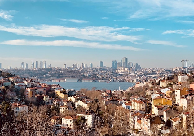 Vista aérea de los edificios de la ciudad contra el cielo