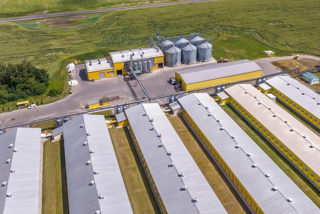 Vista aérea em silos e complexo pecuário agroindustrial em agroprocessamento e planta de fabricação com moderno elevador de celeiro linhas de granja de galinheiro