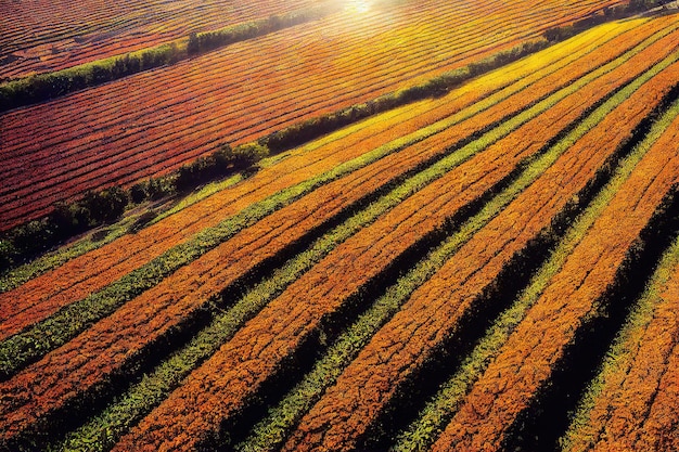 Vista aérea em um campo agrícola da cena rural da plantação de colheita