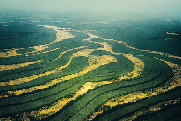 Vista aérea em um campo agrícola da cena rural da plantação de colheita