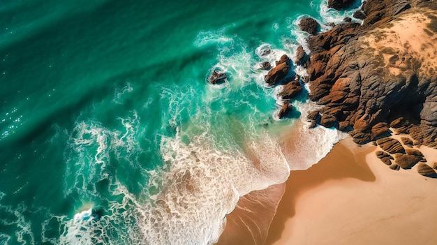 Una vista aérea encantadora de una playa tranquila que celebra la belleza dinámica y vívida de la naturaleza